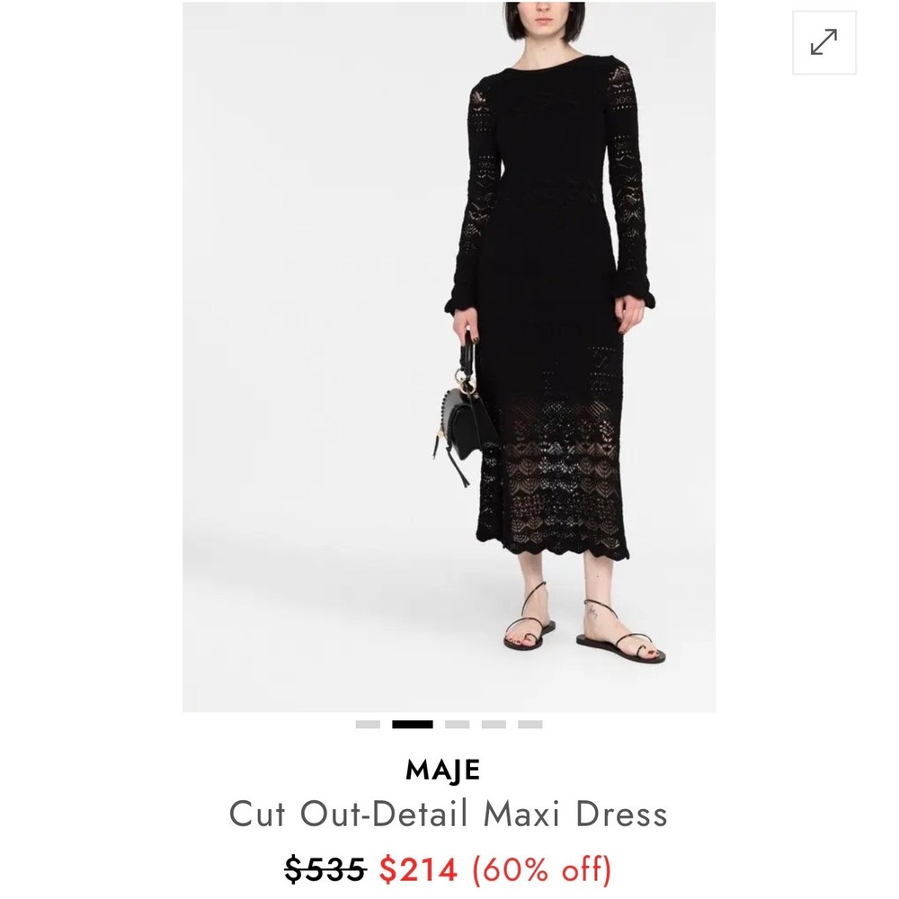 Maje Black Cut Out Pointelle Knit Maxi Dress Size 42 Long Sleeve Deep Back NET